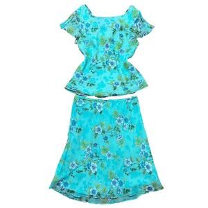 VTG 90s Robbie Bee Aqua Blue Floral Silk Cowled Back Top & Ruffle Skirt Set 10
